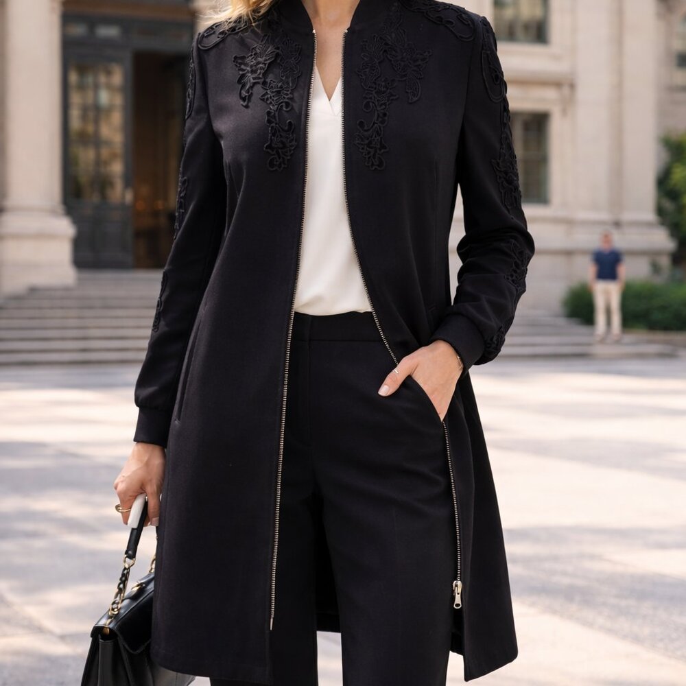 Sophisticated Velvet Applique Embellished Kobi Halperin zip front coat